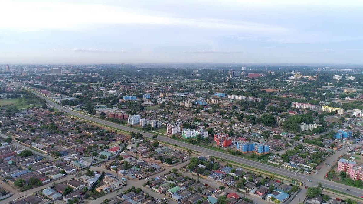 Aerial view over Lusaka neighbourhoods
